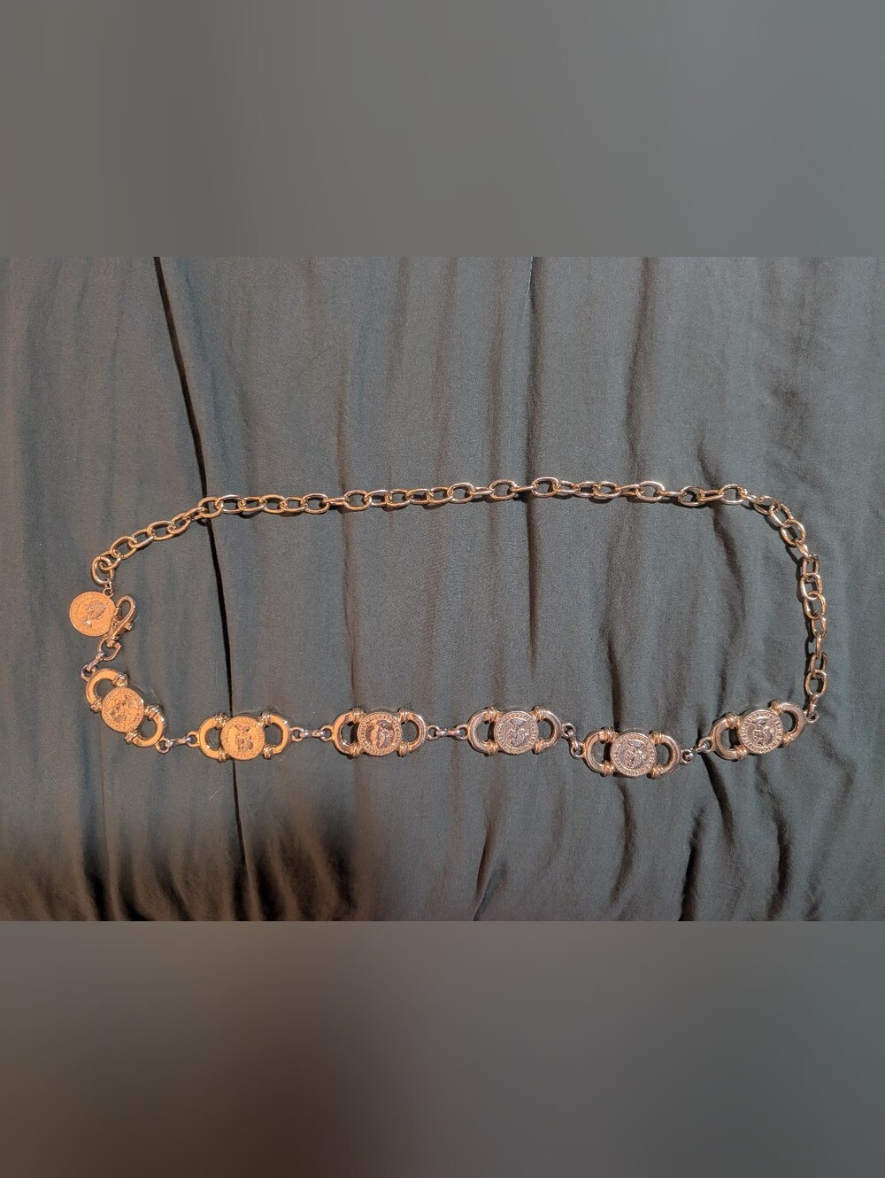 Elizabeth II Dei Gratia Regina F.D.Gold Tone Coin Chain Belt 40.5 In
